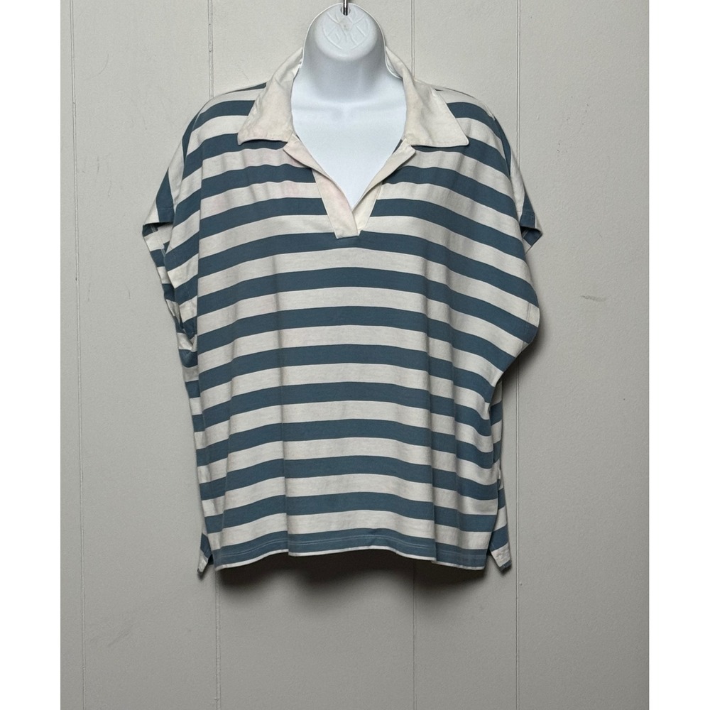 Madewell Blue White Striped Rugby Polo Shirt Short Sleeve Cotton V-Neck Size 2X
